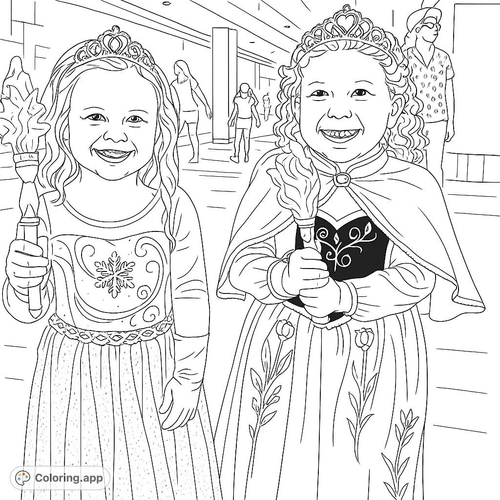Two smiling girls in princess gowns and tiaras, holding magical wands. A delightful princess coloring page for imaginative fun.