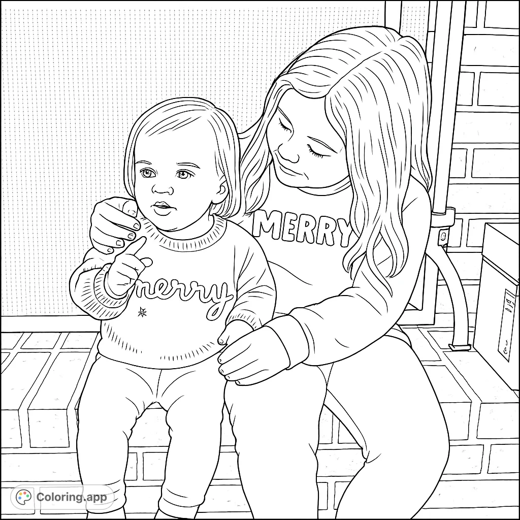 A heartwarming scene of two children sharing a cozy moment by a brick fireplace, perfect for a comforting and engaging coloring experience.