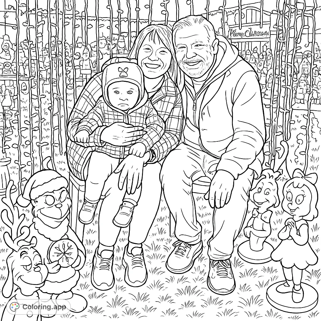 A heartwarming family portrait amidst a dazzling display of holiday lights and festive figures. Perfect for celebrating the season with creativity.