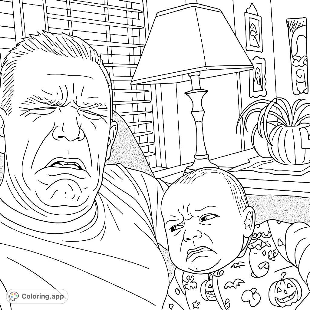 A hilarious coloring page featuring an adult and a baby making identical scrunched faces. Perfect for a laugh and creative coloring fun!