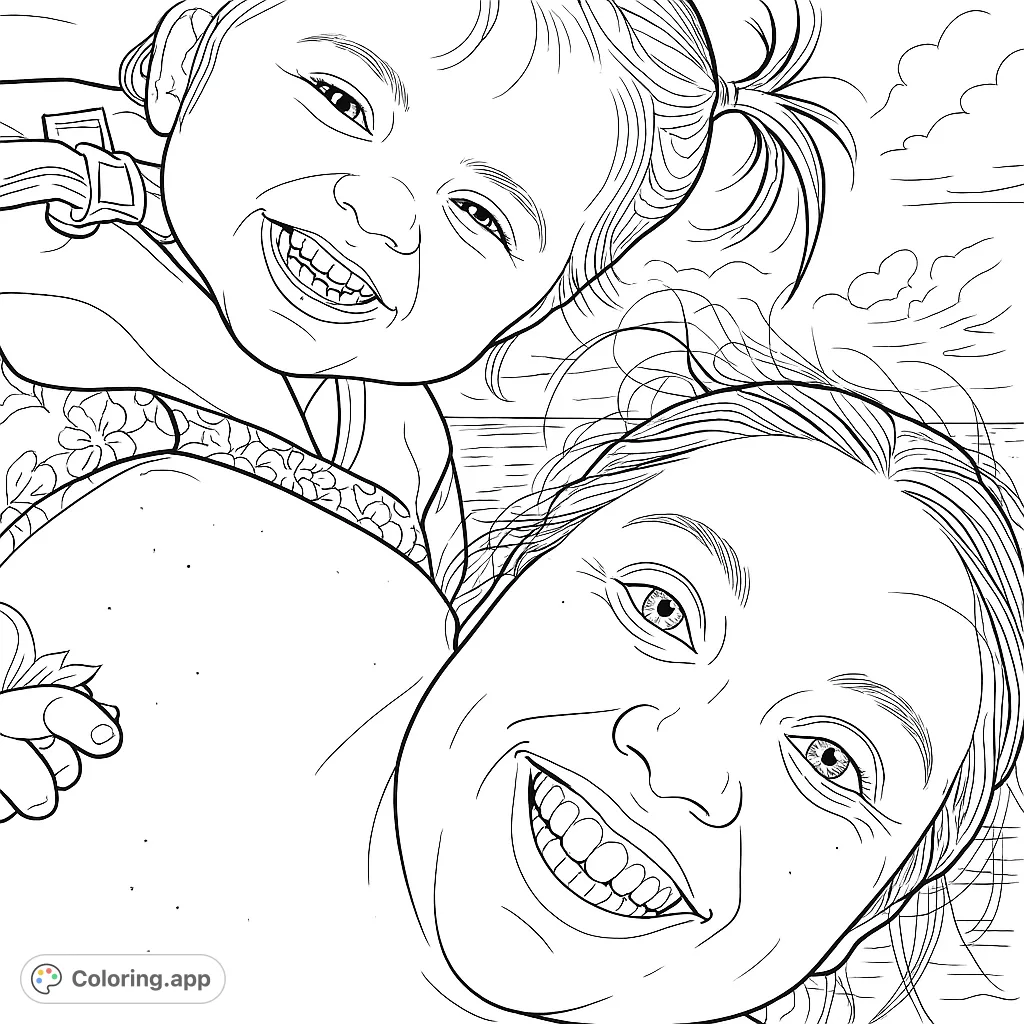 Capture a heartwarming moment of a smiling mother and child enjoying time together, with a scenic background of water and sky. A delightful family coloring page.