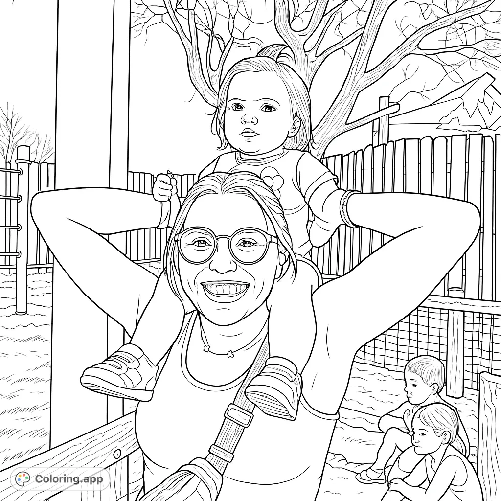 A heartwarming family coloring page featuring a woman giving a child a joyful shoulder ride in a park setting. Perfect for celebrating family bonds.