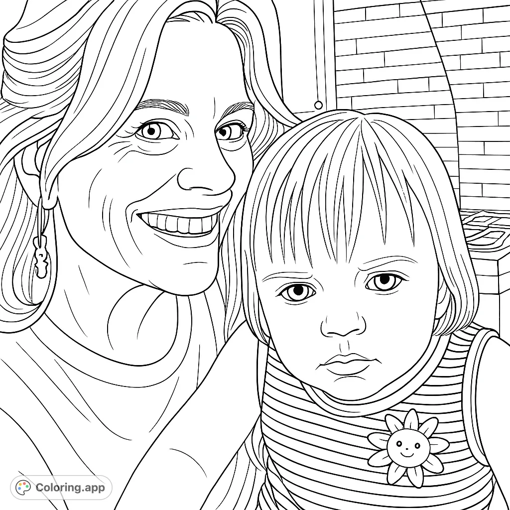 Capture a heartwarming moment with this mother and child portrait coloring page. Features a smiling woman and a sweet child in a kitchen setting.