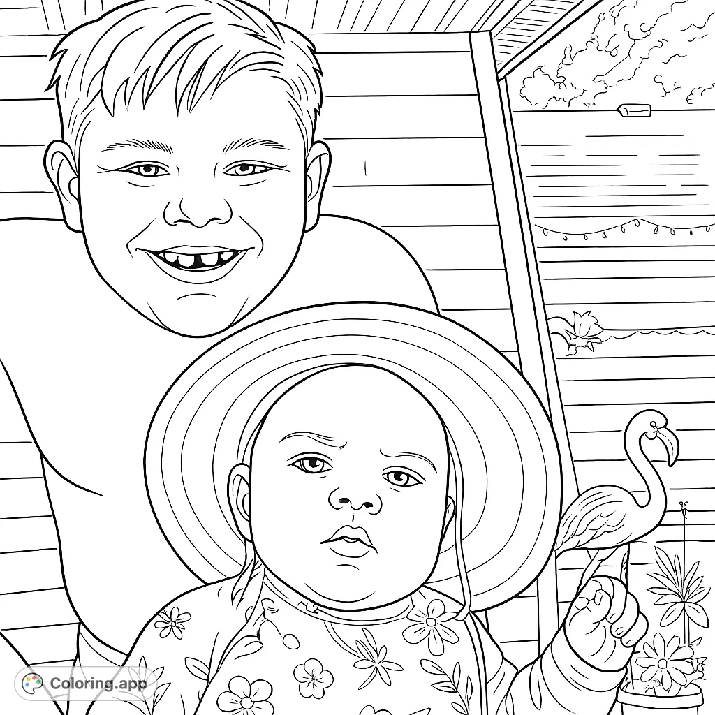 Capture the joy of siblings with this delightful coloring page featuring a smiling boy and a sweet baby in a sun hat, surrounded by backyard details.