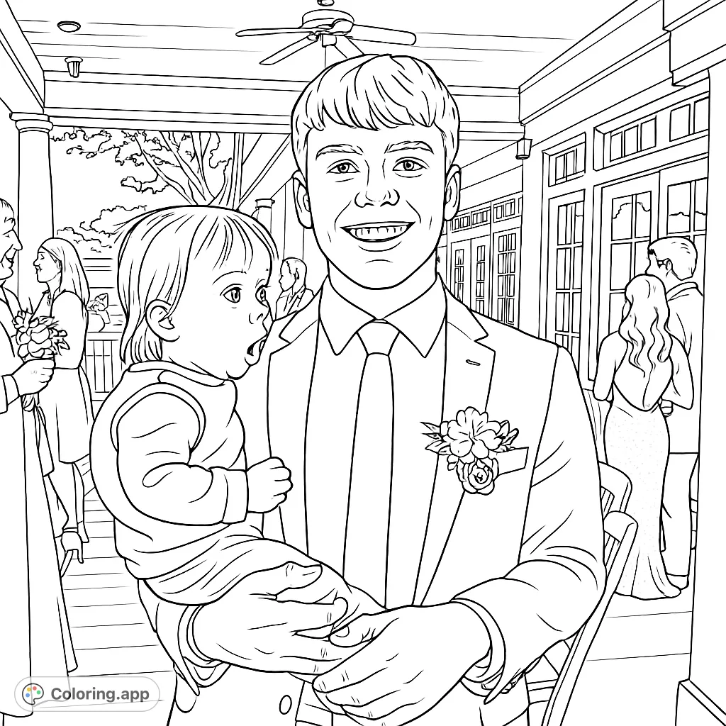 Capture a heartwarming family moment at a formal event. A smiling young man holds a curious toddler on a charming porch, surrounded by elegant details.