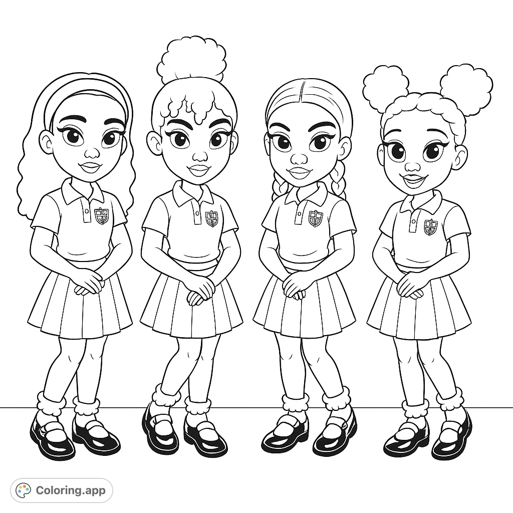 Four cheerful school girls in uniforms, each with unique hairstyles, stand together. A delightful scene celebrating friendship and school spirit.