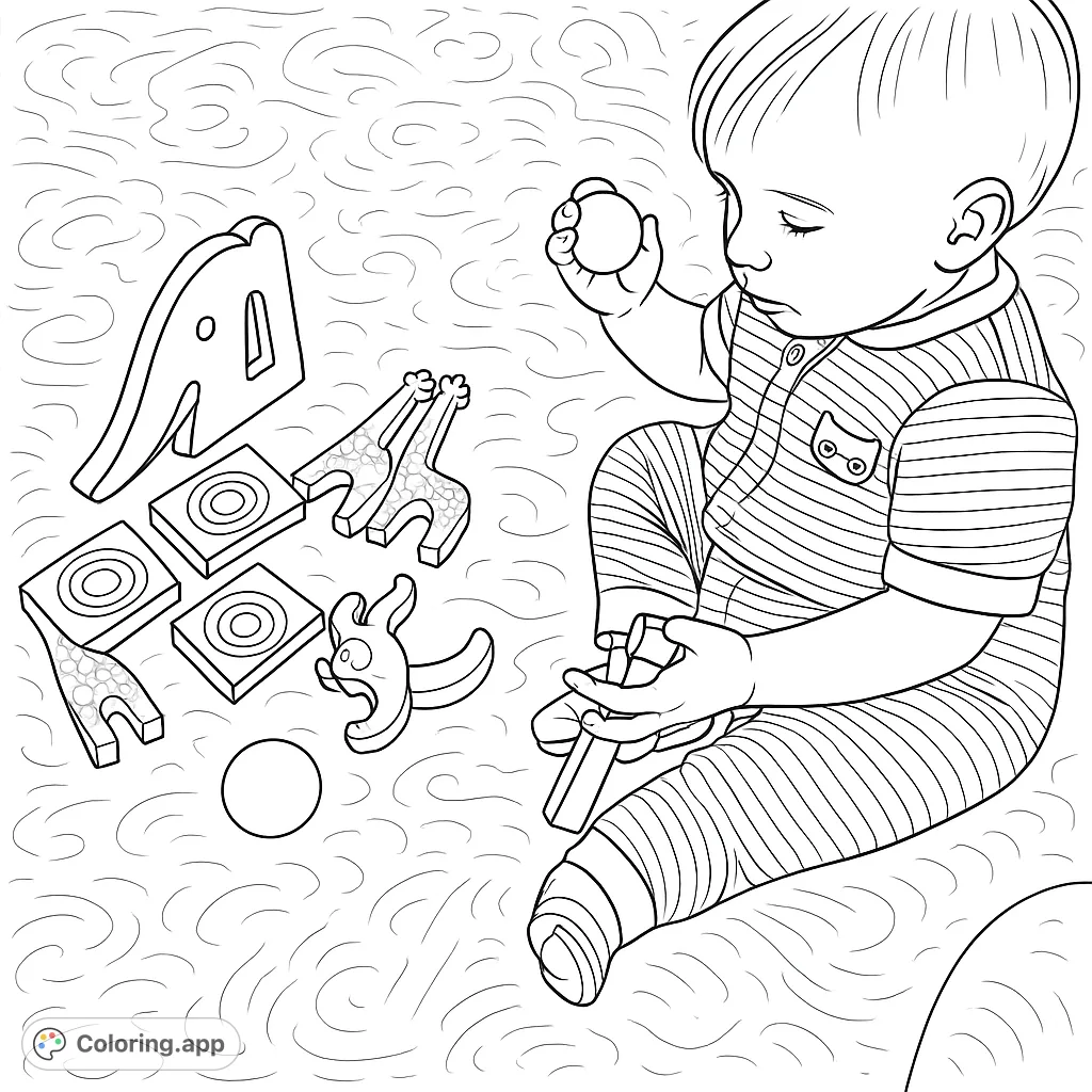 A delightful baby sits on a patterned rug, engrossed in playing with a collection of charming wooden animal toys and blocks. A sweet scene for young colorists.