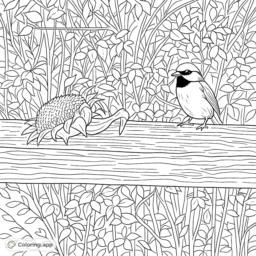 A charming scene featuring a small bird perched beside a sunflower head on a rustic wooden fence, set against a lush natural background. Perfect for nature lovers.
