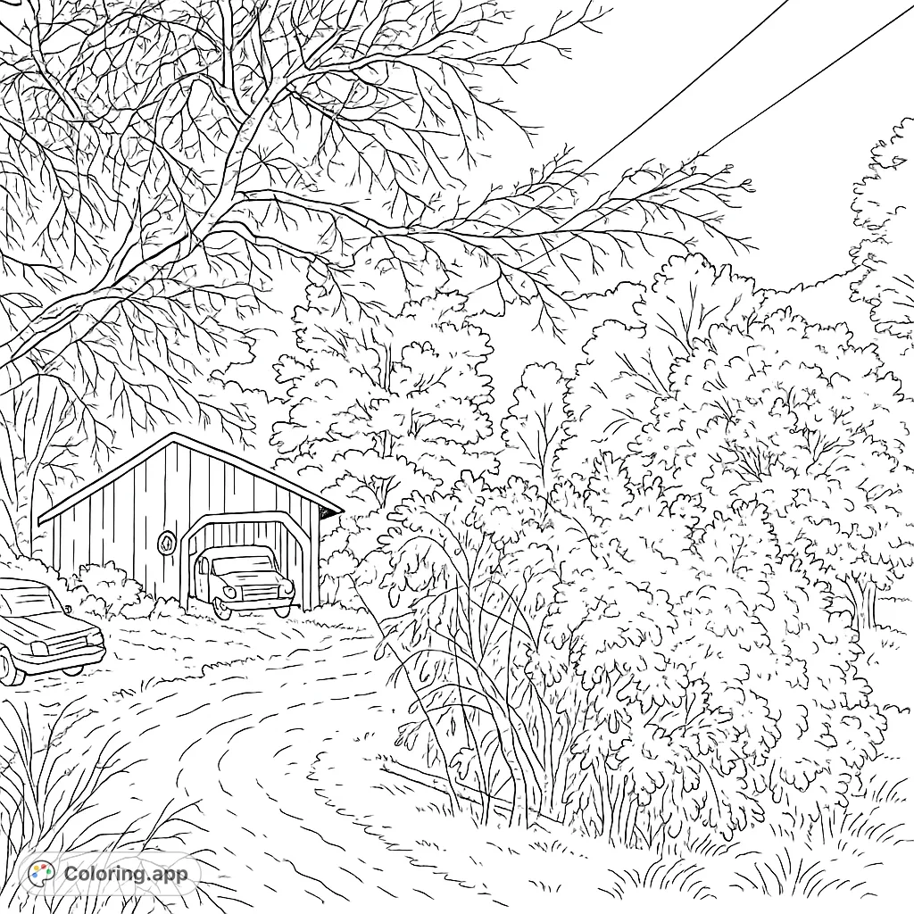 Color a charming rustic shed nestled among dense woodland, with a winding path and a vehicle. Perfect for nature and rural scene enthusiasts.