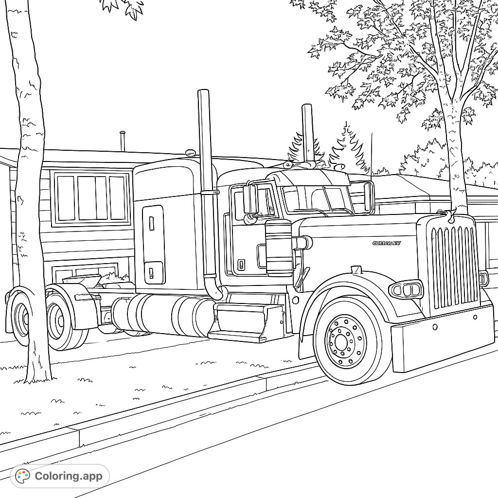 Color a powerful semi-truck with intricate details, parked on a residential street with houses and trees. A fantastic vehicle coloring page for enthusiasts!