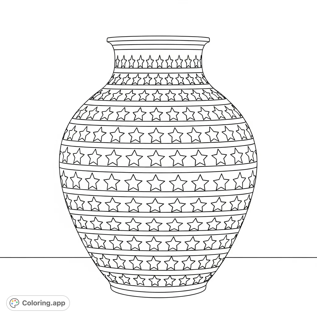 Color a large, decorative ceramic vase adorned with a repeating pattern of small, five-pointed stars. A detailed and elegant design for creative expression.