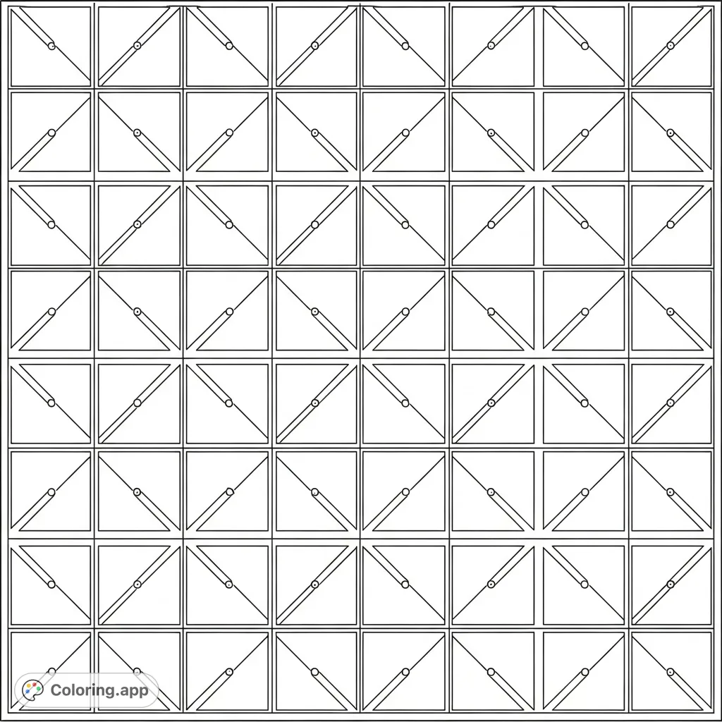 An intricate geometric pattern featuring a repeating grid of alternating squares with diagonal lines and circles with central dots, perfect for focused coloring.