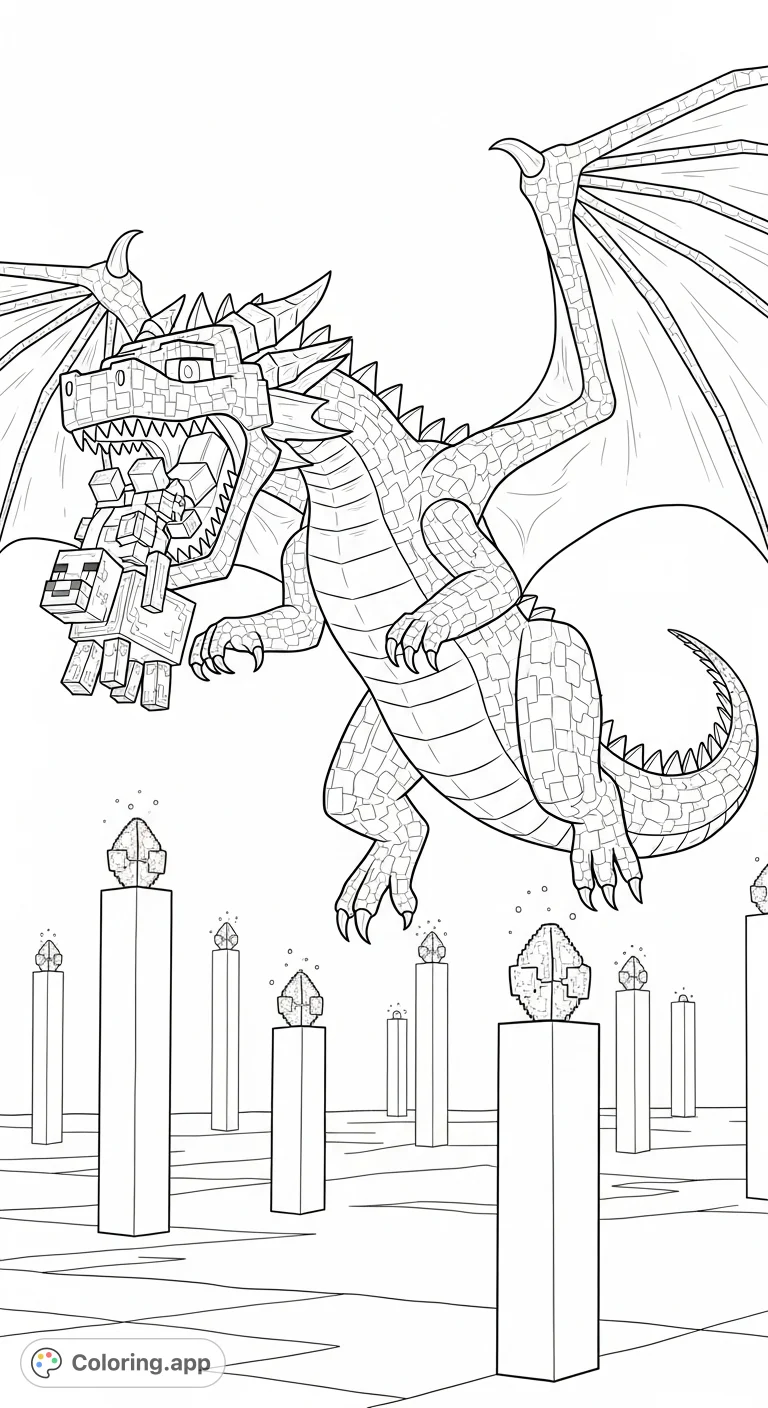 An epic Minecraft Ender Dragon coloring page, featuring the iconic boss mid-feast in The End. Perfect for fans of adventure and fantasy creatures!