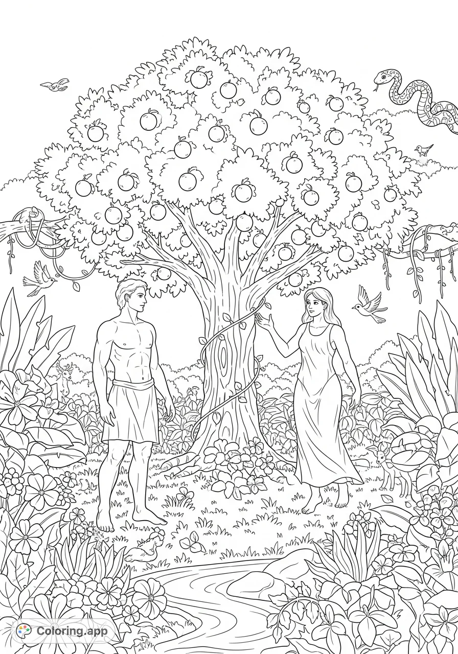 Explore the serene Garden of Eden with Adam and Eve, surrounded by lush flora and gentle creatures, with a subtle snake. A beautiful, kid-friendly scene.