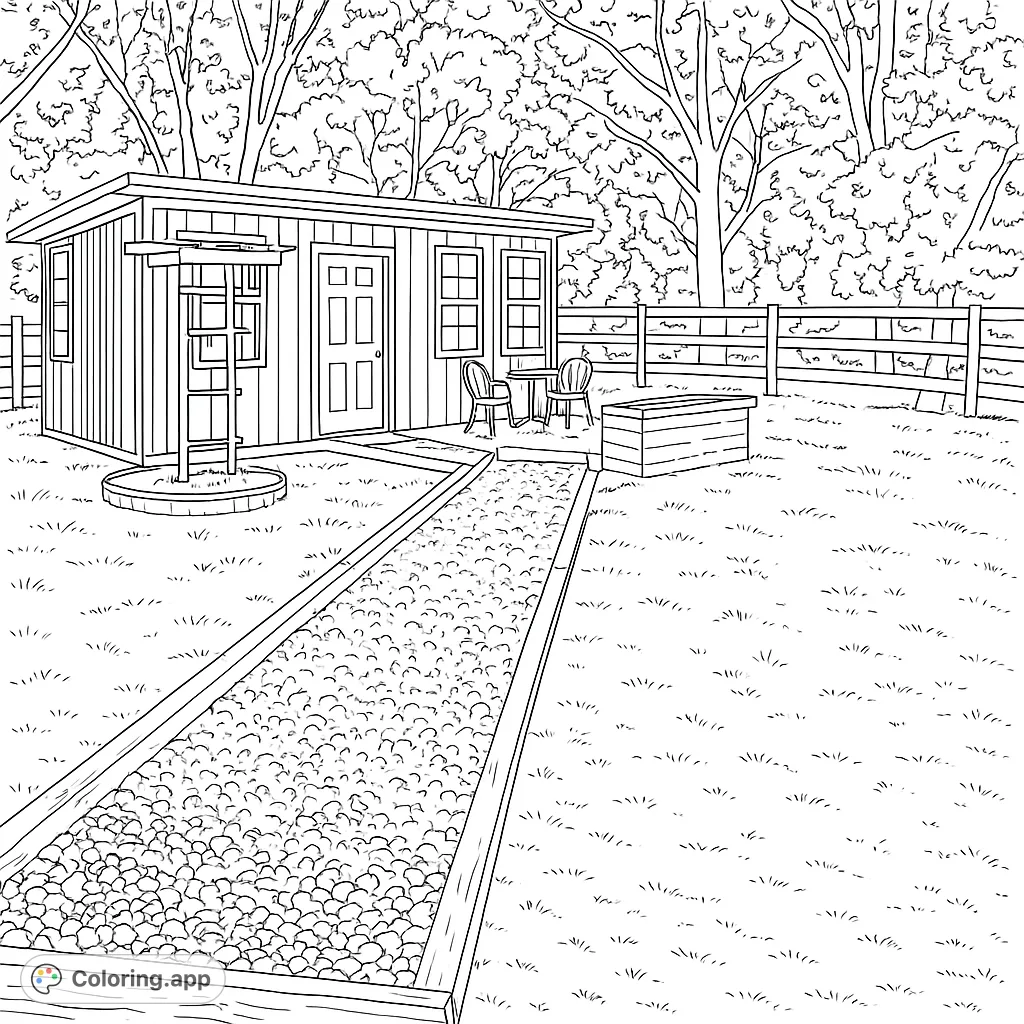 A charming backyard shed with a gravel path, surrounded by a wooden fence and lush trees. Perfect for a relaxing coloring escape.