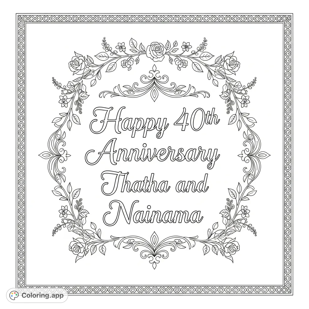 Celebrate a milestone with this elegant anniversary coloring page. Features intricate floral designs surrounding "Happy 40th Anniversary Thatha and Nainama".