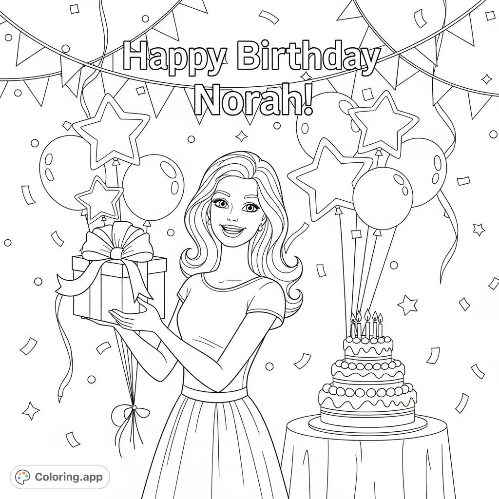 A delightful Barbie coloring page featuring Barbie celebrating a birthday with gifts, balloons, and a cake, wishing "Happy Birthday Norah!" Perfect for young fans.