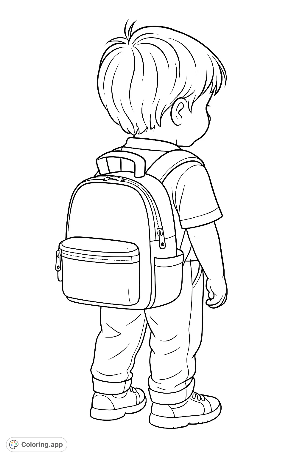 An adorable child with a backpack, ready for a new adventure. A charming and simple design perfect for young colorists.