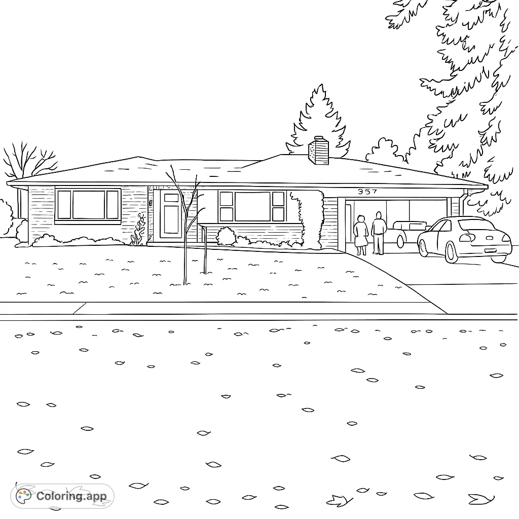 A charming suburban house with a welcoming front yard covered in autumn leaves, featuring a garage, cars, and figures, perfect for a relaxing coloring session.