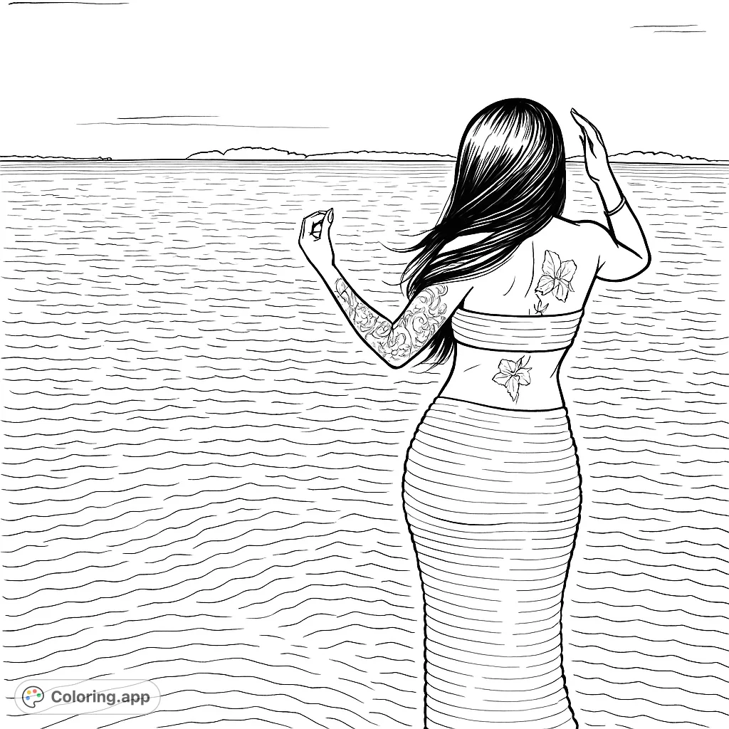 A woman stands by the water, gazing at the horizon, with intricate tattoos and a textured outfit. A serene scene for creative expression.