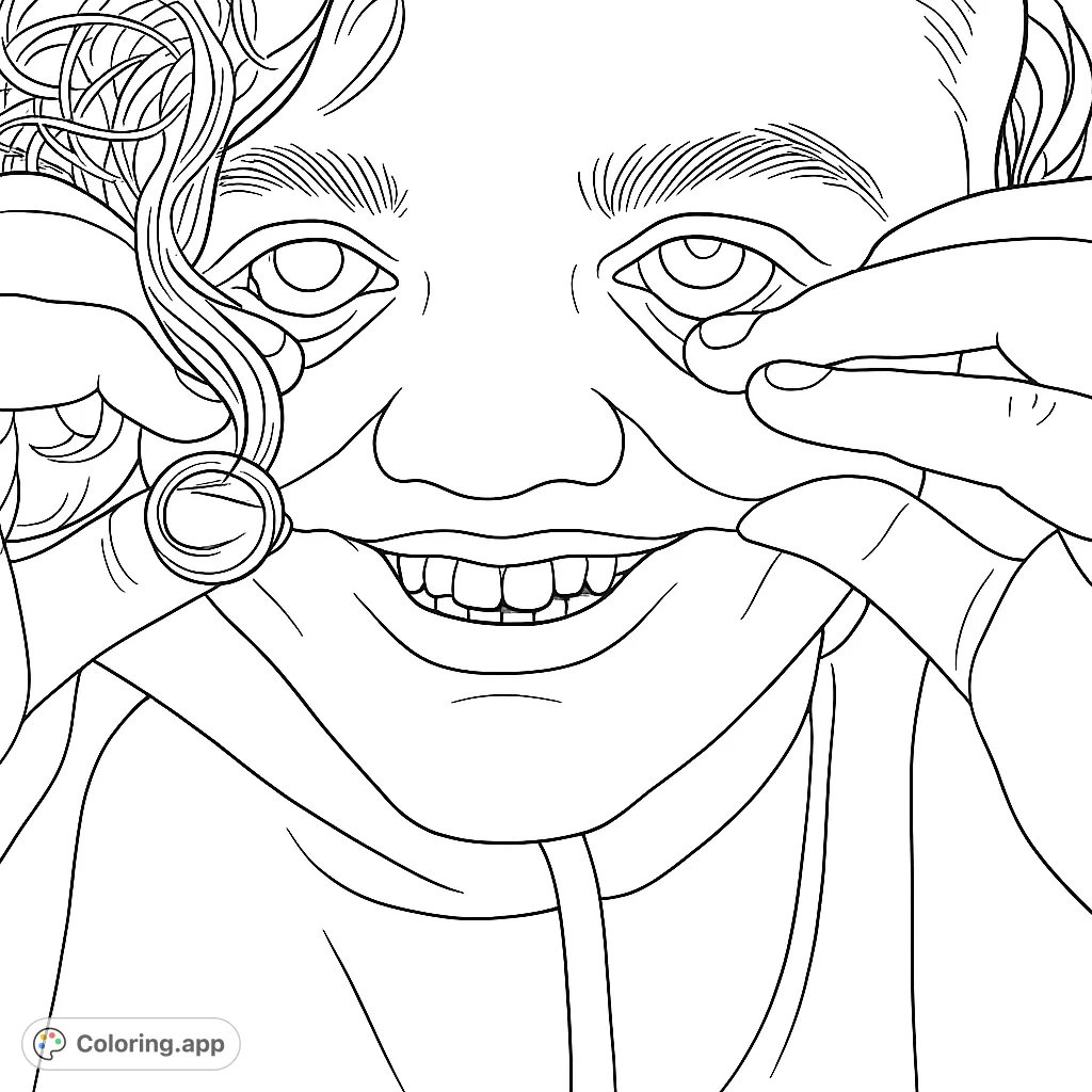 A hilarious close-up of a person making a silly face, pulling cheeks and rolling eyes. Perfect for a fun, expressive coloring page.