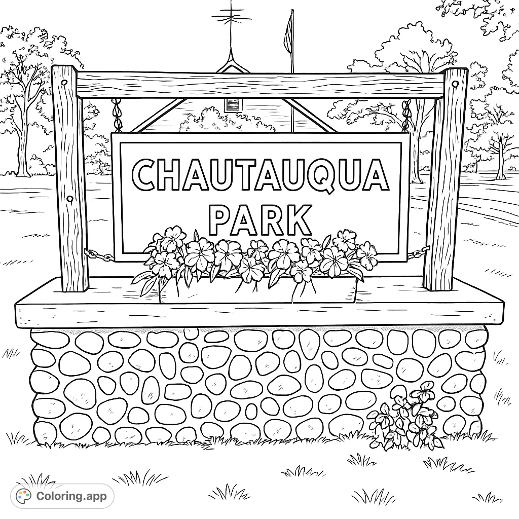 A welcoming Chautauqua Park sign with a rustic wooden frame, stone base, and a planter overflowing with delicate flowers. Perfect for nature and park enthusiasts.