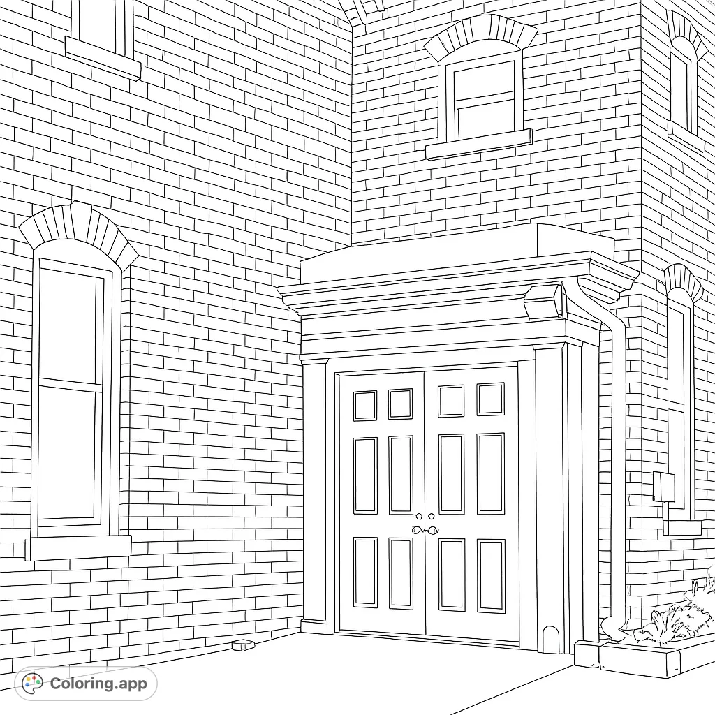 Explore a detailed historic brick building facade with a grand double door and intricate architectural elements. A challenging and rewarding coloring page.