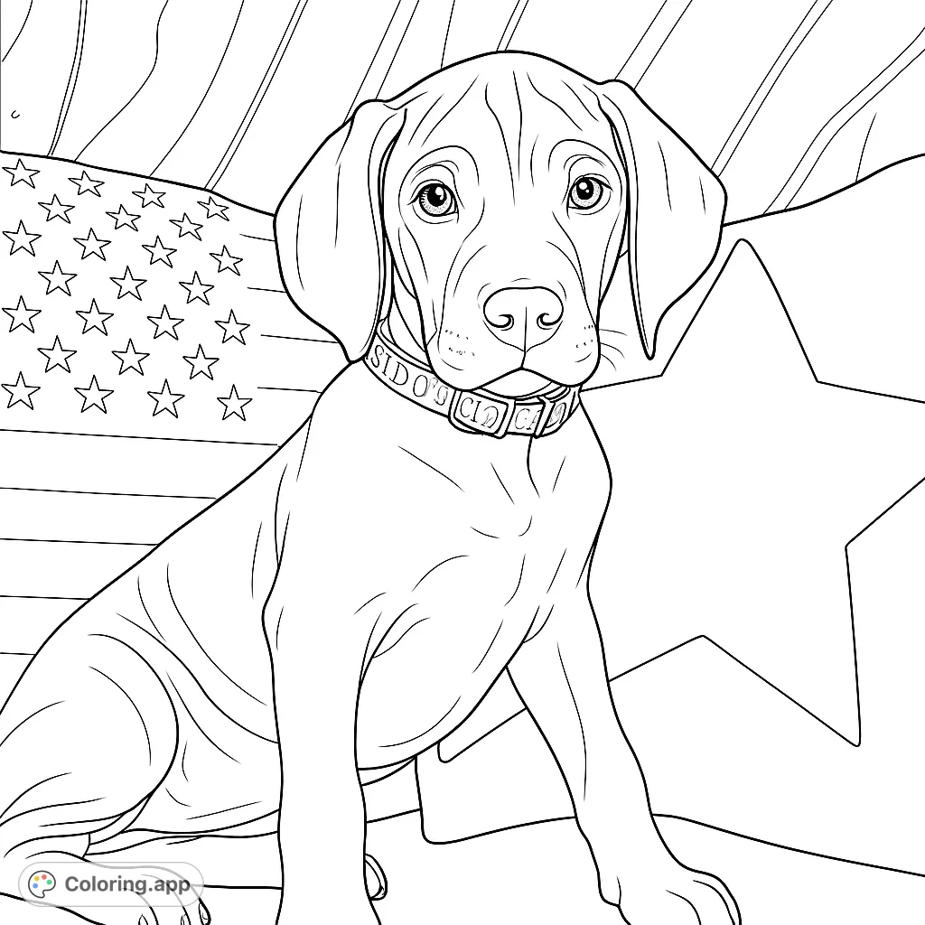 A charming puppy sits proudly against a patriotic backdrop of stripes and stars. This realistic puppy coloring page offers a delightful scene for all ages.