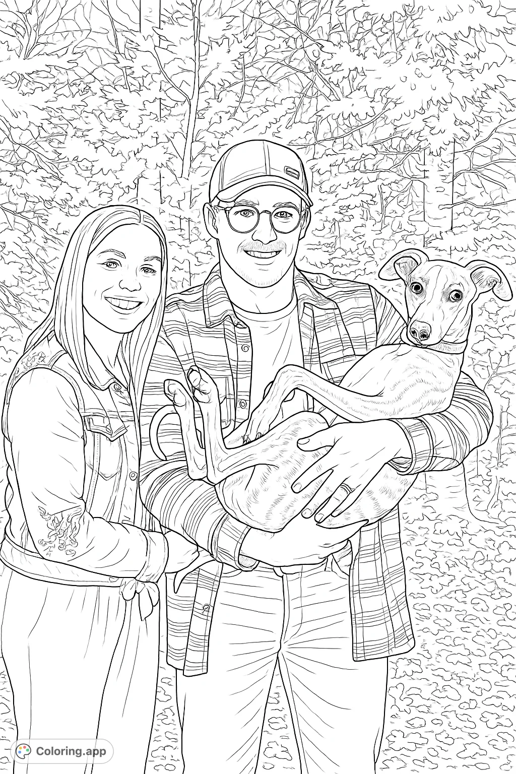 A heartwarming scene of a couple holding their patterned dog amidst a forest, perfect for a family and pet-themed coloring page.