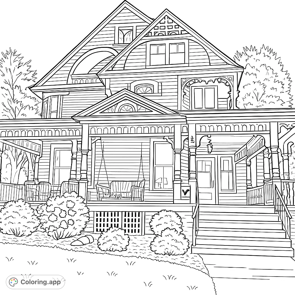 Explore the intricate details of a grand Victorian house, featuring ornate gables, a wrap-around porch, and detailed trim. A challenging and rewarding coloring page.