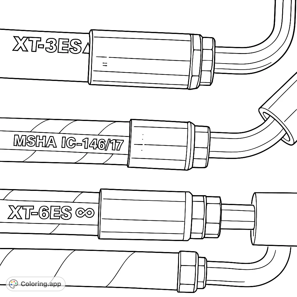 Detailed industrial hose connections coloring page, featuring three parallel hoses with metal fittings and text. Perfect for engineering enthusiasts.