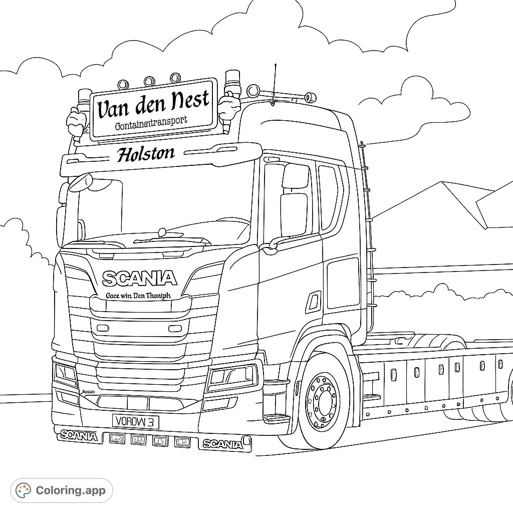 Color a powerful semi-truck with intricate details, a prominent grille, and roof accessories, set against a simple background. Perfect for vehicle enthusiasts!