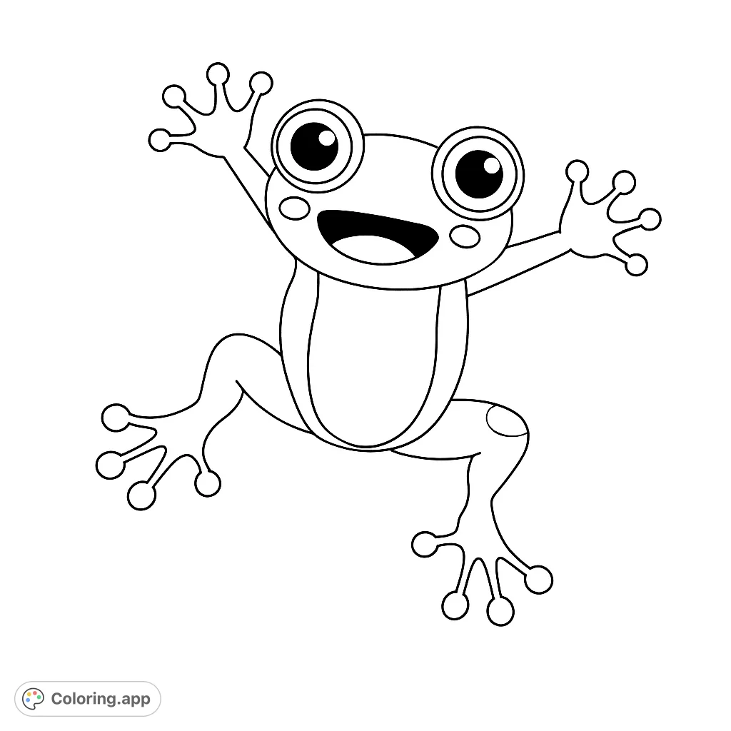 A cheerful cartoon frog leaps with joy, arms and legs spread wide, ready for a splash of imagination. Perfect for young artists.