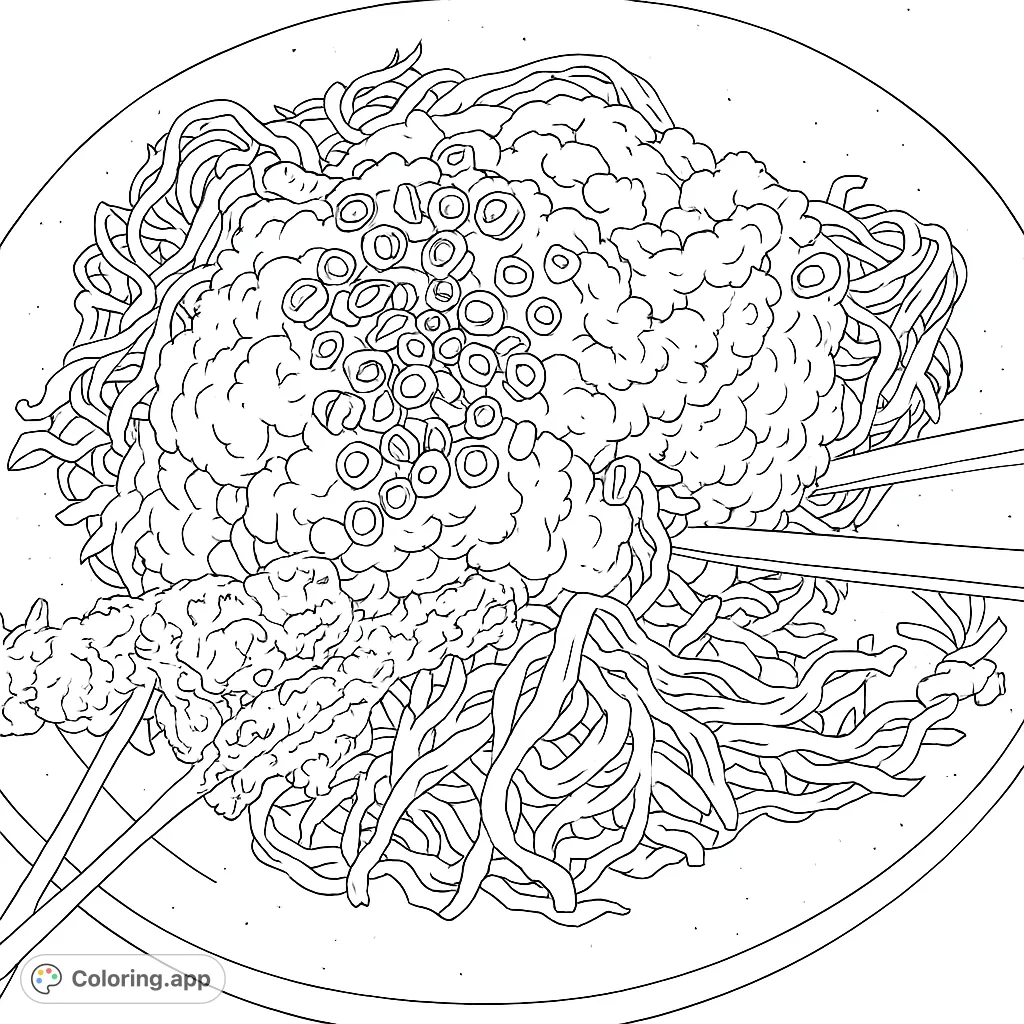 Savor the intricate details of a Japanese rice bowl, featuring finely chopped toppings, delicate strands, and garnishes. A delicious food coloring page.
