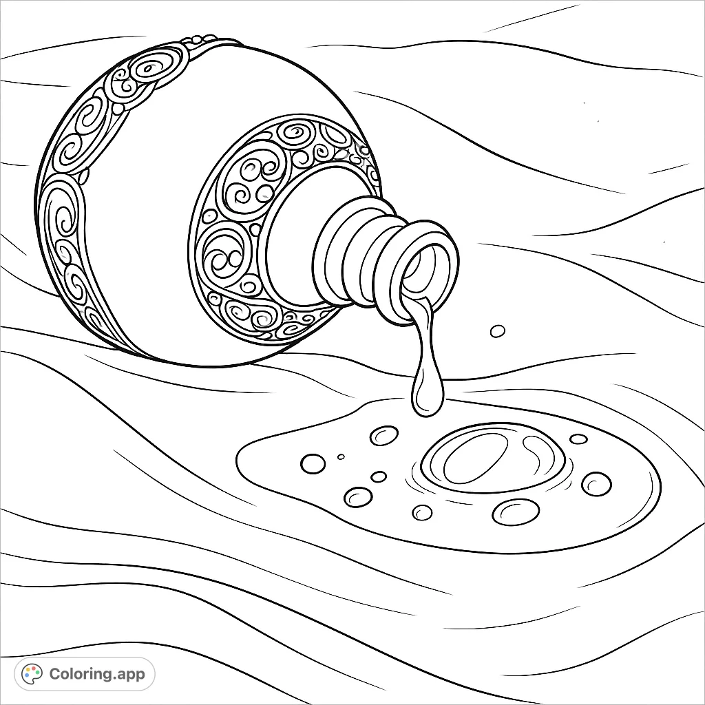 Discover an enchanted vessel pouring a mysterious liquid onto a textured surface. Intricate patterns and shimmering drops invite a magical coloring experience.