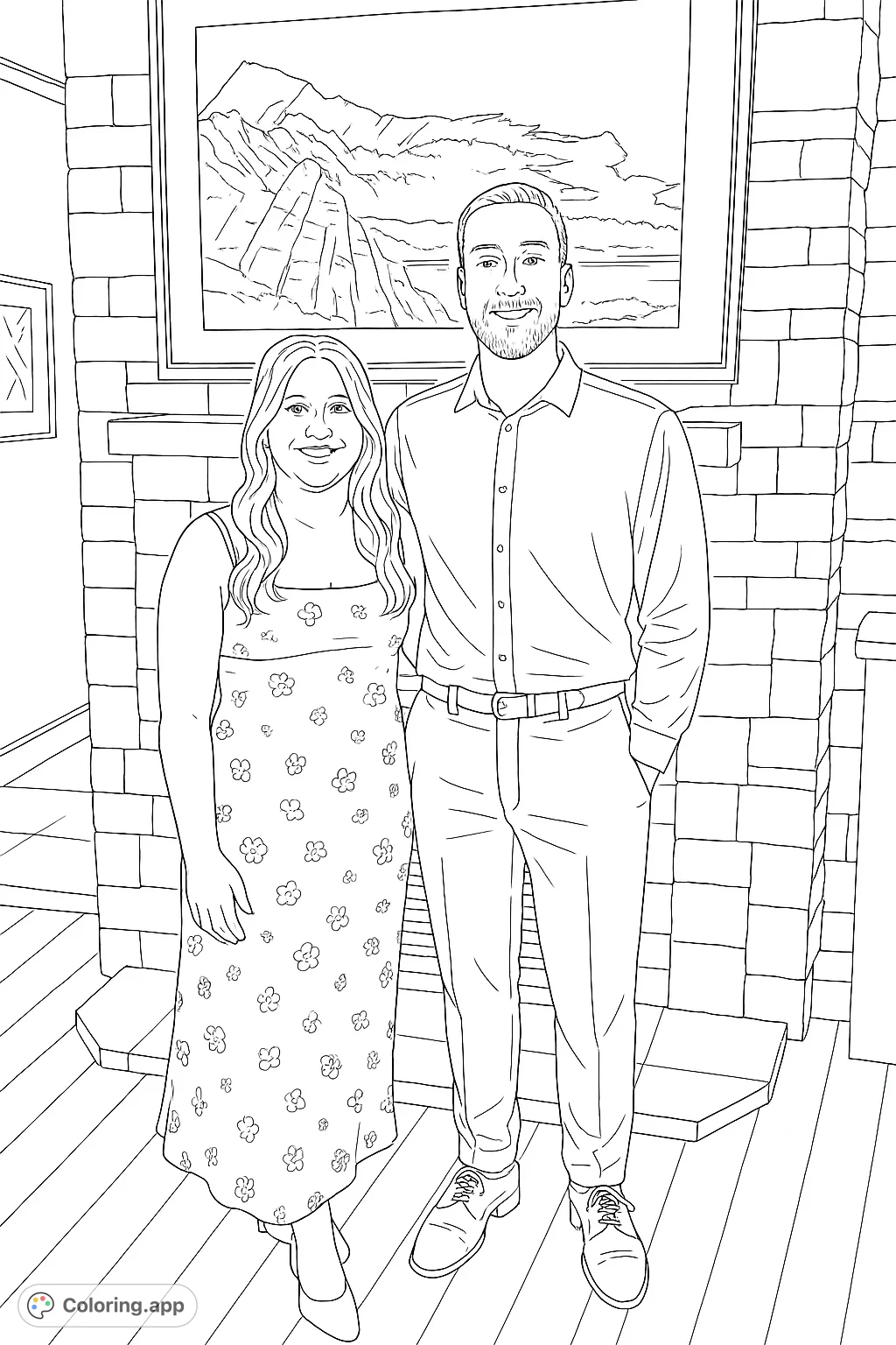 A sophisticated couple stands before a stone fireplace and framed artwork. Perfect for adult colorists seeking a detailed and elegant portrait coloring page.