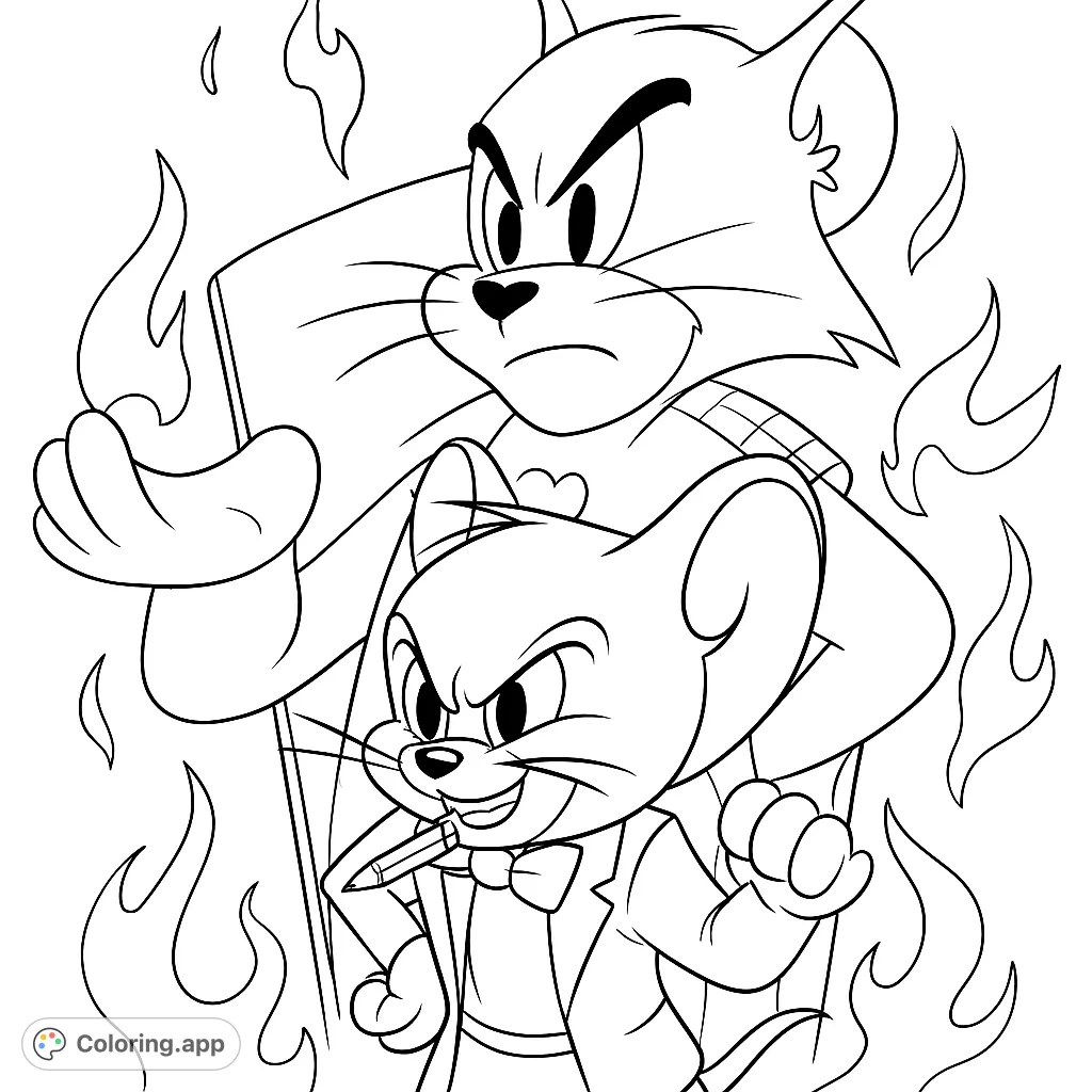 A dynamic Tom and Jerry coloring page featuring the iconic cat and mouse in a mischievous pose, surrounded by energetic shapes. Perfect for cartoon fans!