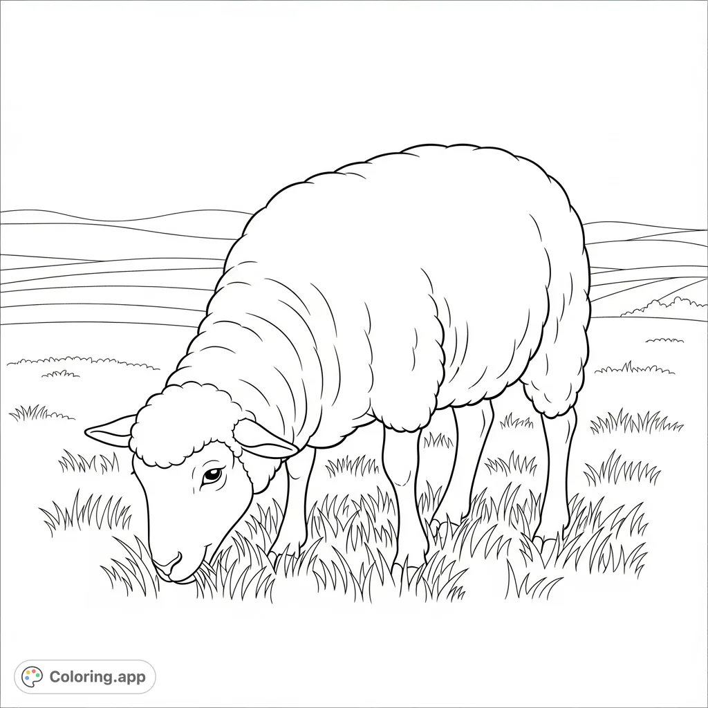 A delightful farm animal coloring page featuring a happy sheep peacefully grazing in a field. Perfect for a relaxing coloring experience.