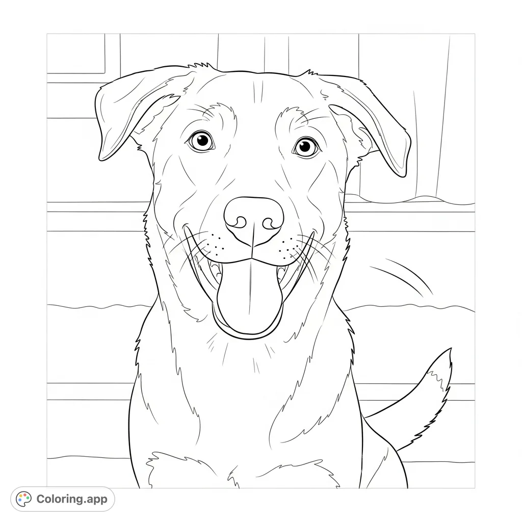 A delightful coloring page featuring a happy, smiling dog, perfect for pet lovers. Enjoy bringing this cheerful canine to life with your favorite colors!