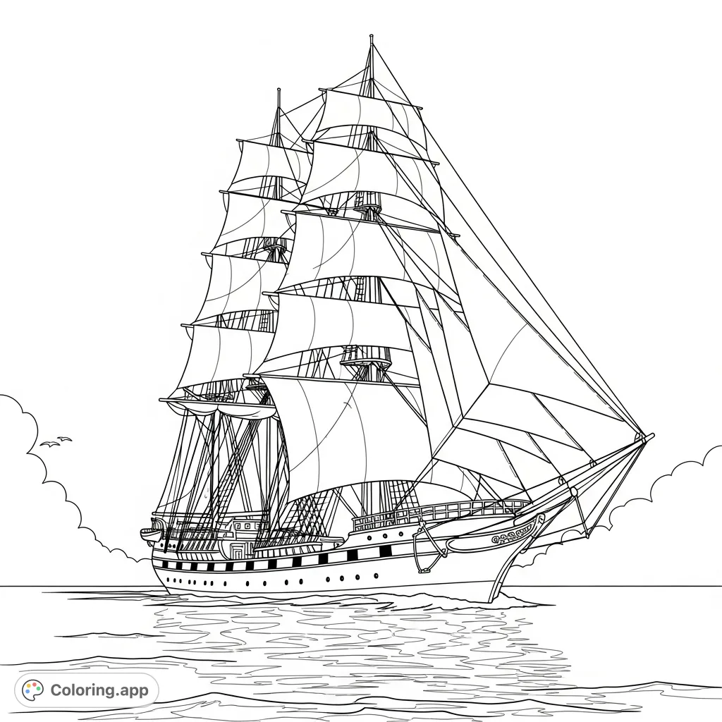 Embark on a creative voyage with this majestic sailing ship coloring page, featuring a grand vessel under a clear sky on calm waters.