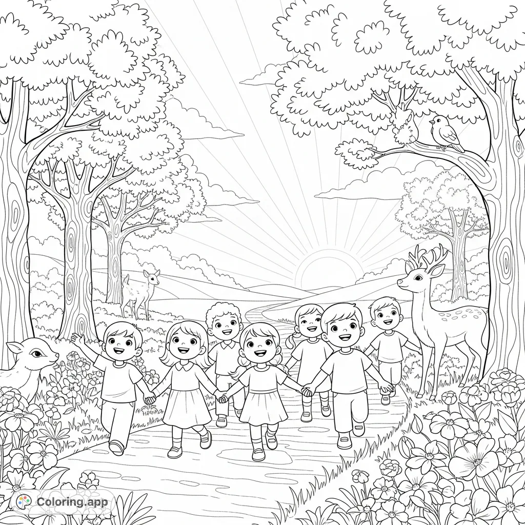 A heartwarming Romans 8:12-25 coloring page featuring joyful children and creation looking towards hope, celebrating being children of God. Perfect for faith-based learning.
