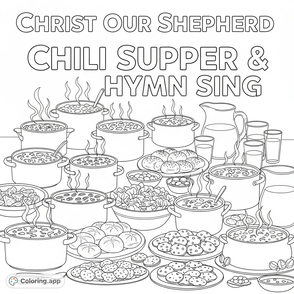 Gather for a heartwarming community potluck with this Christ Our Shepherd chili supper coloring page, featuring food, drinks, and customizable text.