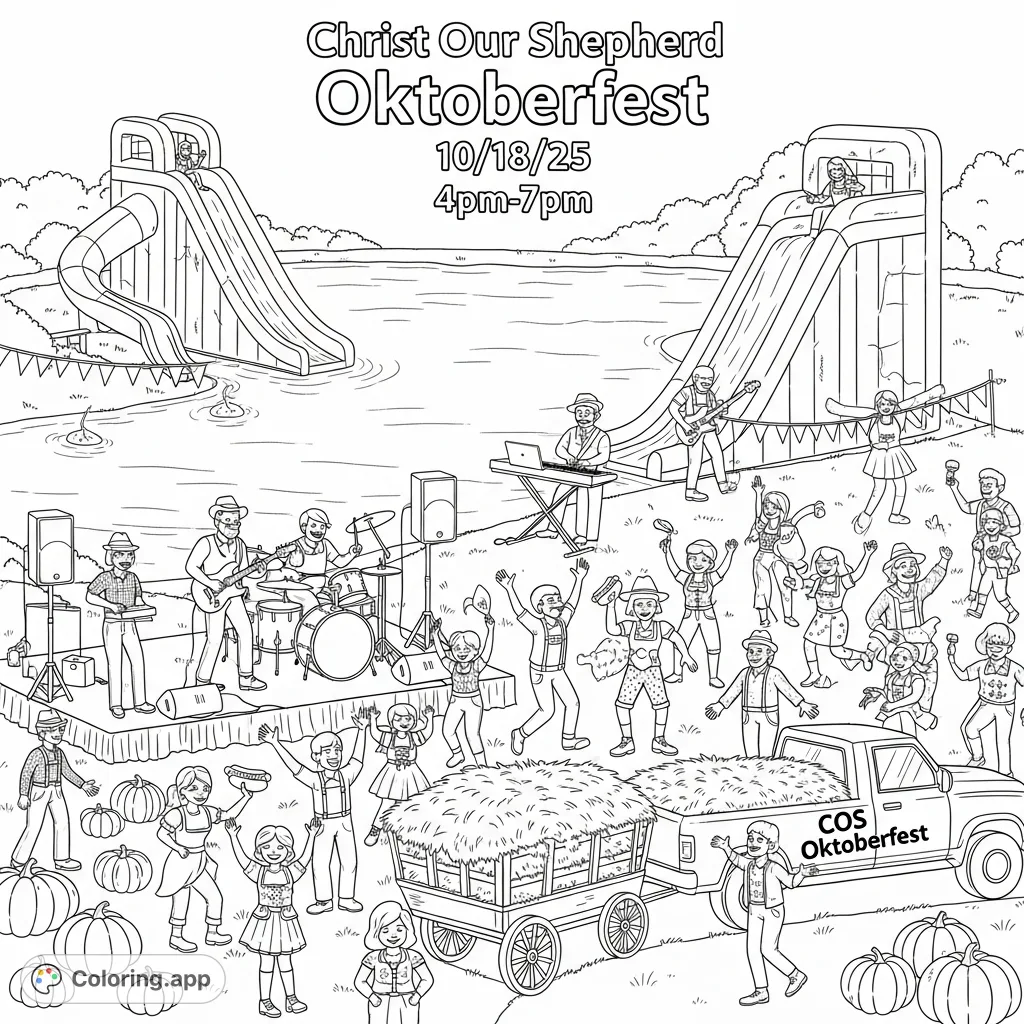 A vibrant Oktoberfest scene featuring a lake, inflatable slide, pumpkins, a band, dancing people, and a hay ride. Perfect for celebrating community and autumn festivities.