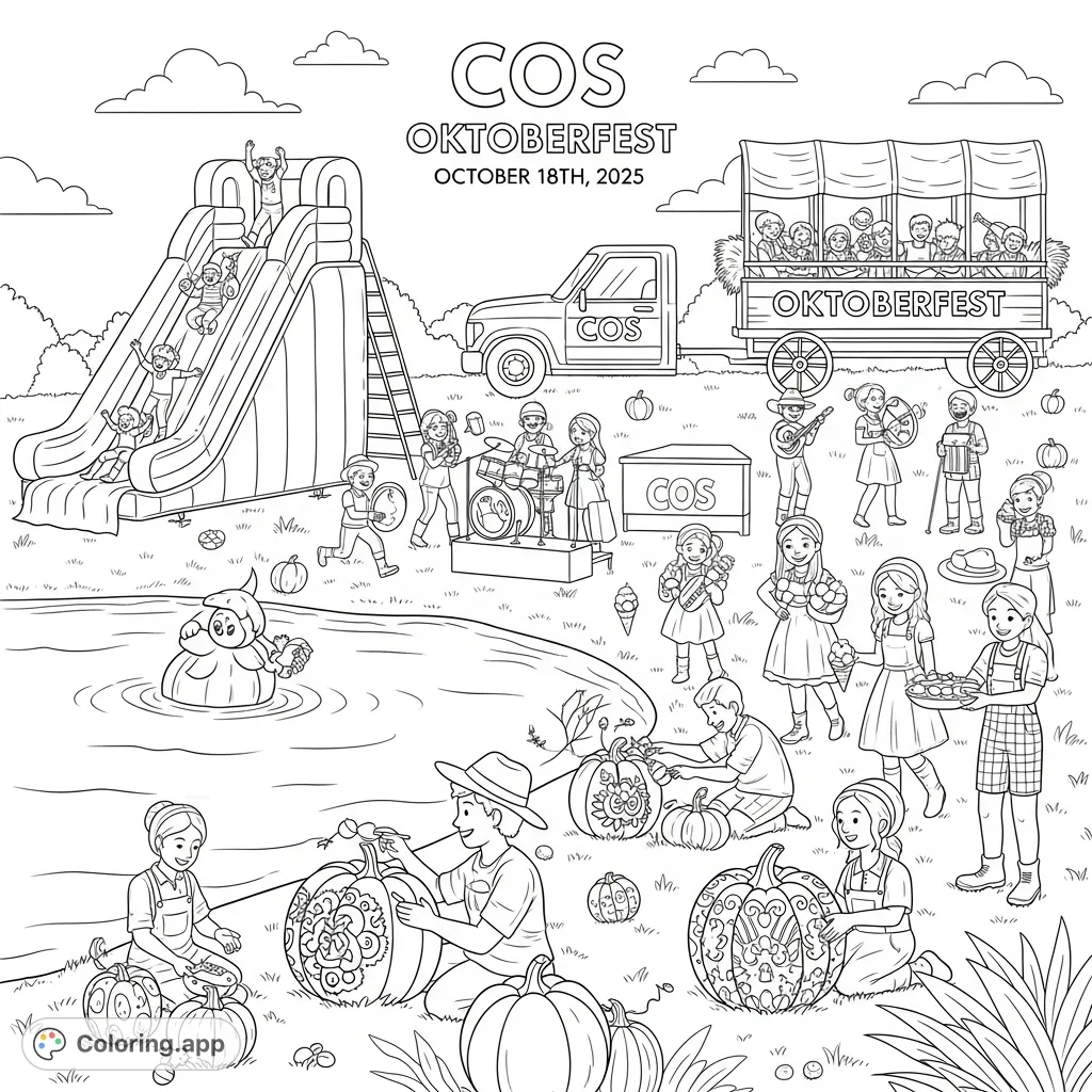 Immerse yourself in a vibrant COS Oktoberfest scene! Features a lake, inflatable slide, pumpkin decorating, a band, hayride, and festive food.