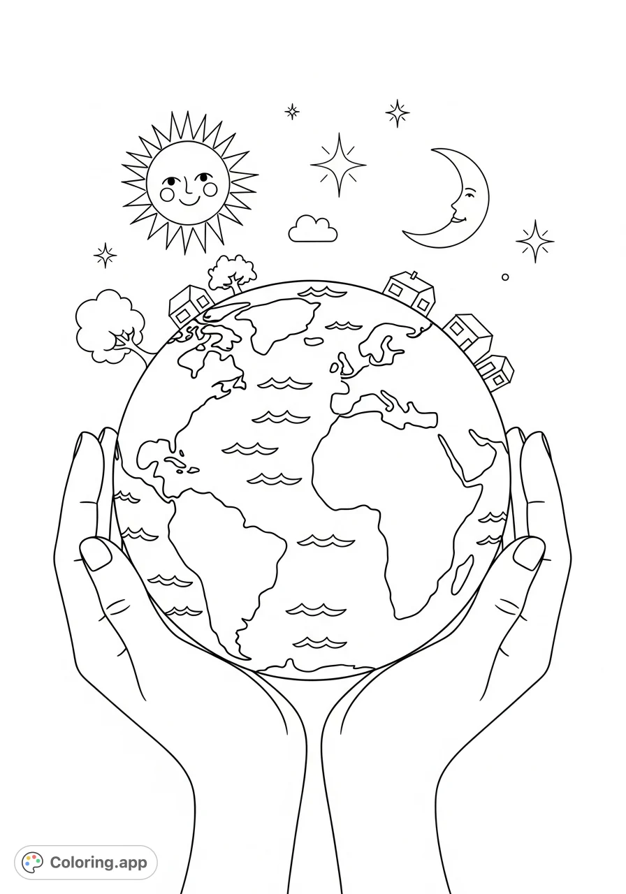 A simple, heartwarming coloring page for preschoolers featuring gentle hands cradling the world, complete with land, water, sun, and stars.