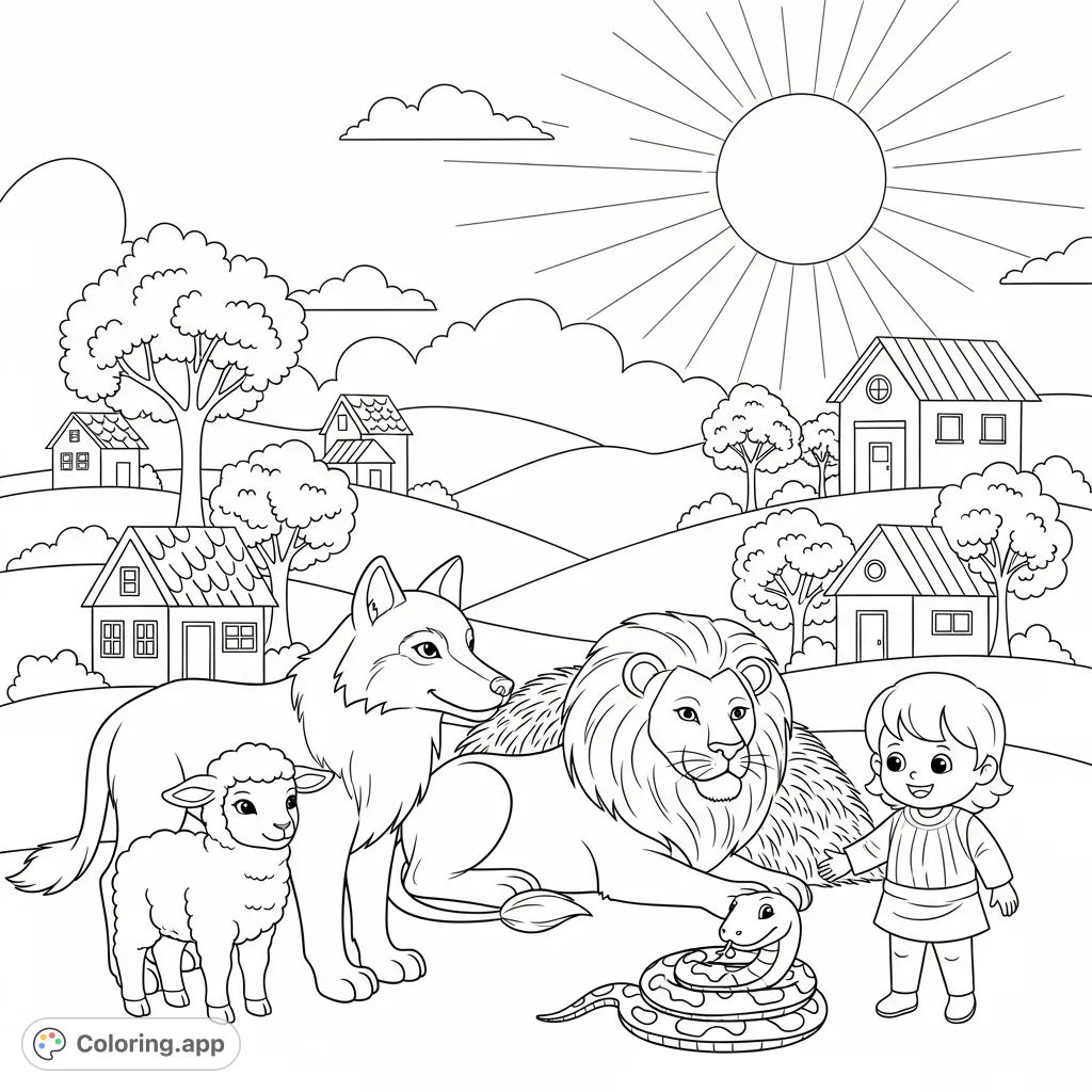 A heartwarming scene of animals and a child living in peace, illustrating God's promise from Isaiah 65. Perfect for teaching trust and harmony.