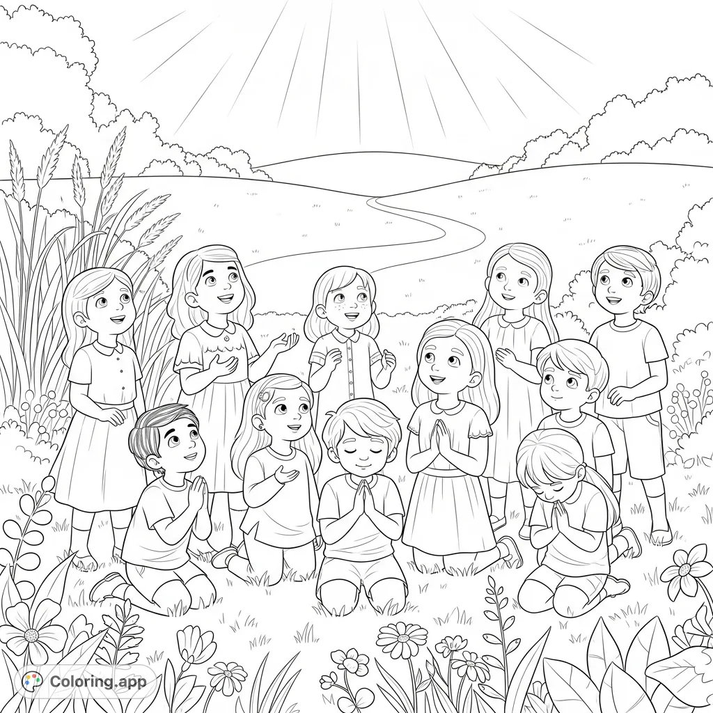 A diverse group of children in a peaceful field, looking upwards and contemplating, symbolizing hope and seeking God's plan for a bright future.