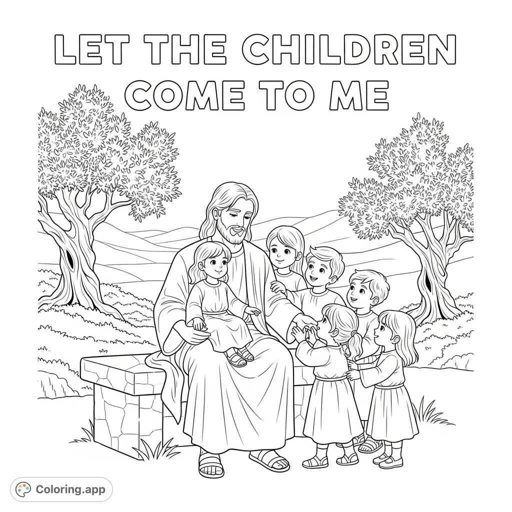 A heartwarming coloring page depicting Jesus surrounded by joyful children, with the comforting words "Let the children come to me." Perfect for young hearts.