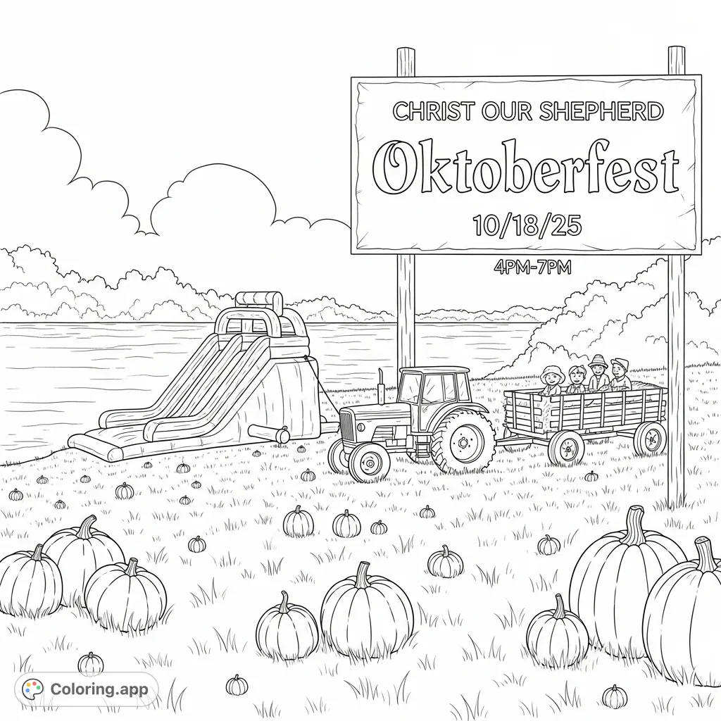 A festive outdoor scene with a lake, inflatable slide, pumpkins, and a hay ride with kids, featuring "Christ Our Shepherd Oktoberfest" details.