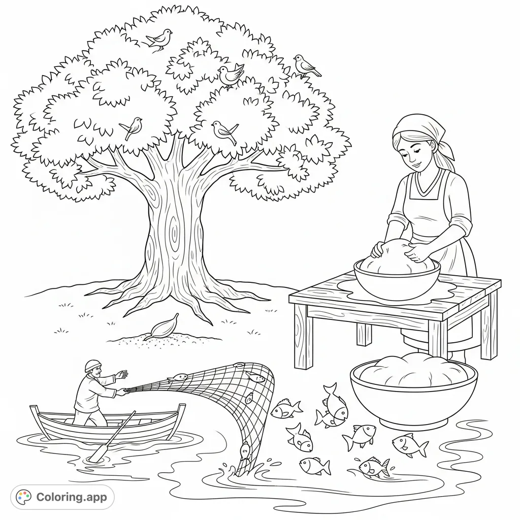 Explore the parables of Matthew 13 with this engaging coloring page featuring the Mustard Seed, Leaven, and Fishing Net, perfect for young learners.